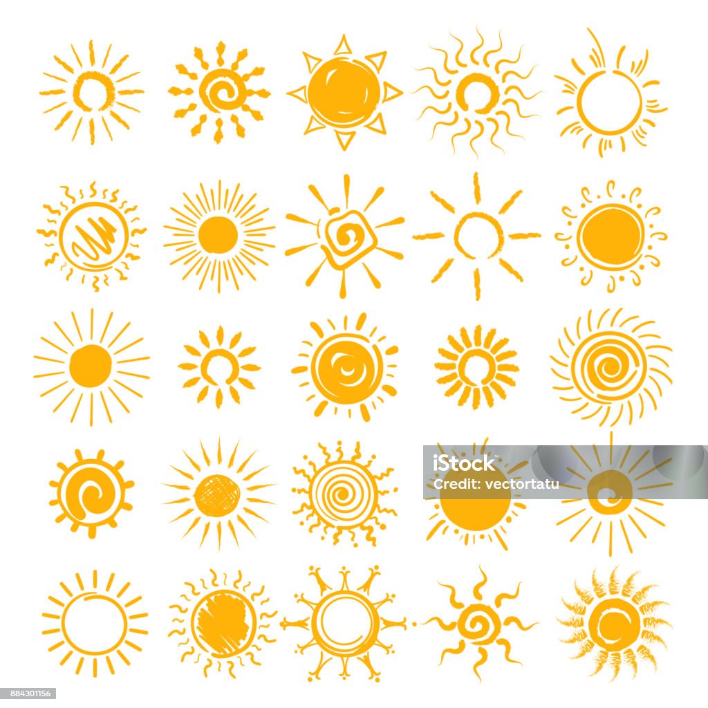 Sun doodle icons set Sun illustration. Vector hands drawn sun icons, doodle cartoon morning summer sketch suns isolated on white background Sun stock vector
