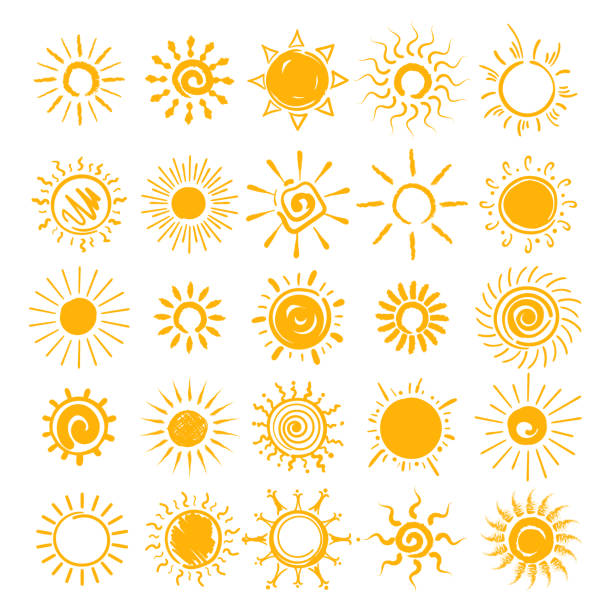 Sun doodle icons set Sun illustration. Vector hands drawn sun icons, doodle cartoon morning summer sketch suns isolated on white background sun drawings stock illustrations