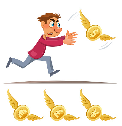 Cartoon man trying to catch symbols of different currencies. Dollar, euro, yen, pound sterling. Cartoon styled vector illustration. Elements is grouped. Isolated on white. No transparent objects.