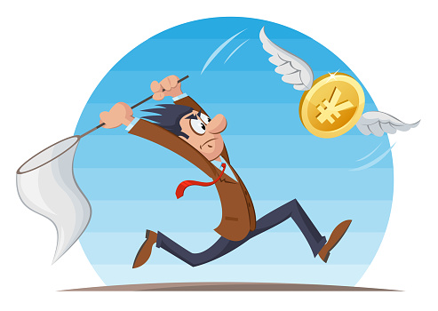 Funny man trying to catch yen coin with a butterfly net. Cartoon styled vector illustration. Elements is grouped and divided into layers. No transparent objects.