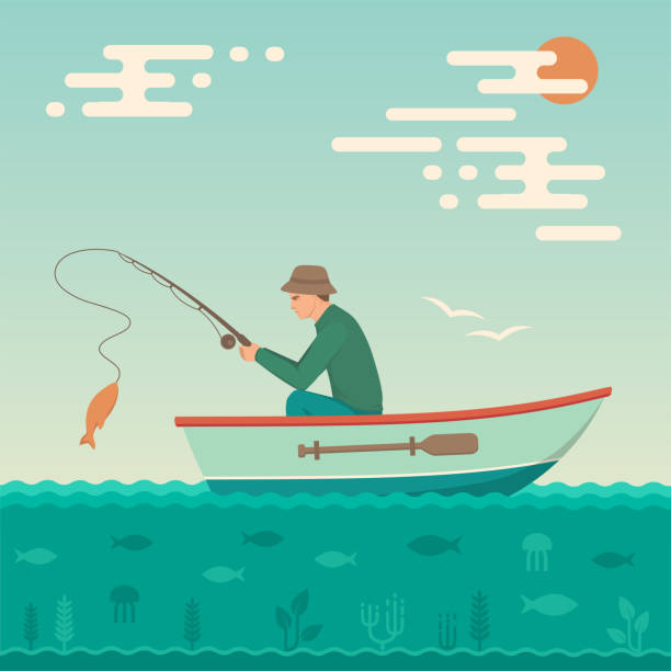 cartoon fisherman, man cath fish on fishing rod Vector illustration of a cartoon fisherman, man cath fish on fishing rod cartoon fishing hook stock illustrations