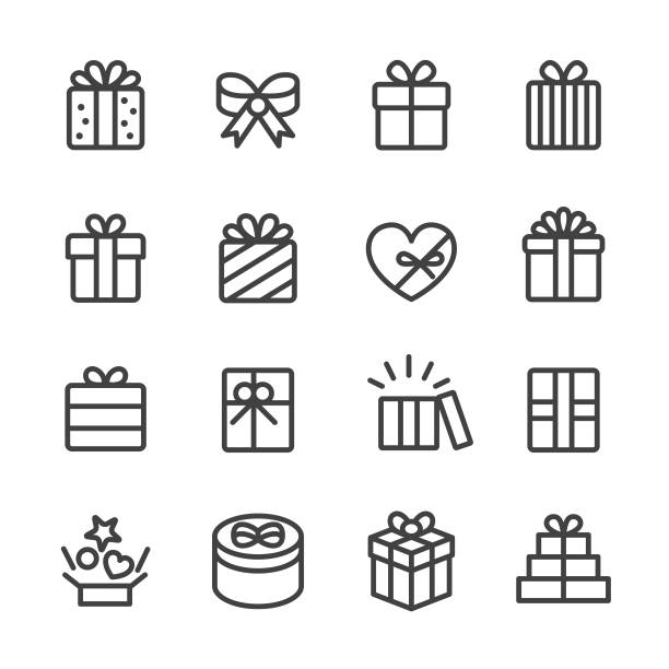 Gift Box Icons - Line Series Gift, Gift Box, holiday, Celebration, opening, Birthday, Birthday Present, wrapping paper illustrations stock illustrations