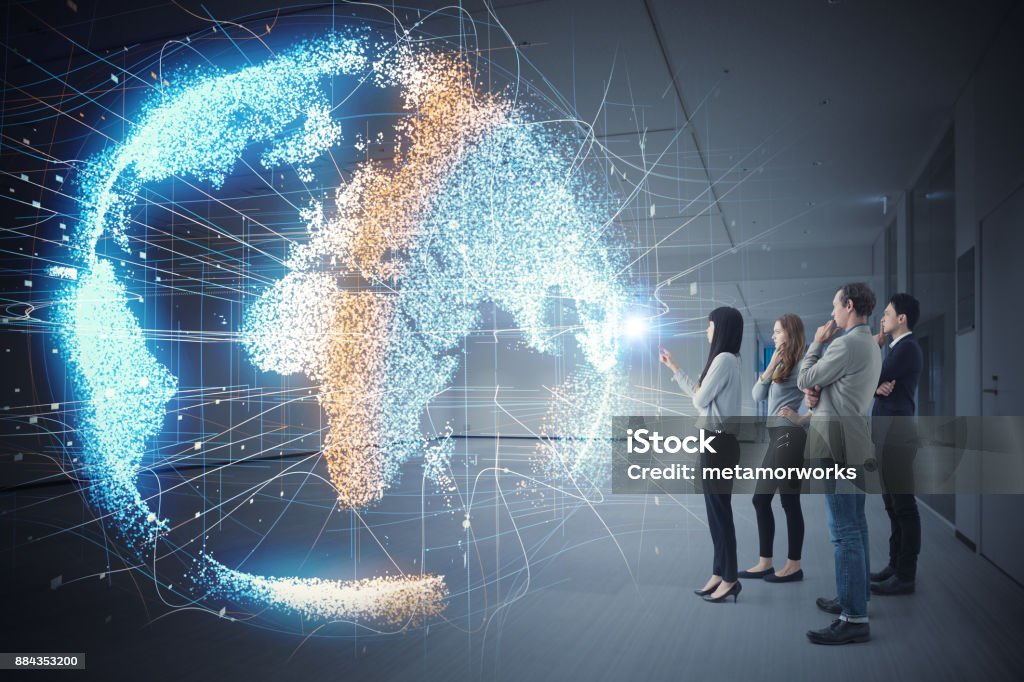 Group of people watching holographic of the earth. Astronomy concept. Globe - Navigational Equipment Stock Photo