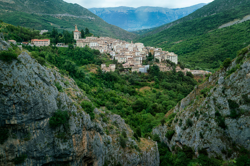 Anversa de Abruzzi village, one of the Most beautiful villages in Italy, sits nestled in a forested gorge in the mountains of central Abruzzo, Italy, Europe