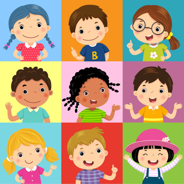 ilustraciones, imágenes clip art, dibujos animados e iconos de stock de conjunto de niños diferentes con diversas posturas - juegos de preescolar