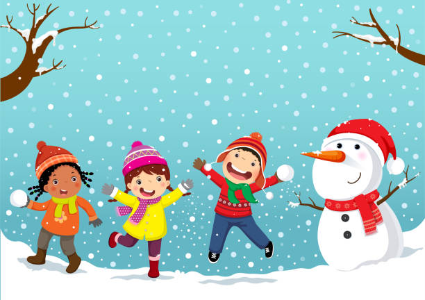 ilustraciones, imágenes clip art, dibujos animados e iconos de stock de diversión de invierno. niños felices jugando en la nieve - snowman snow winter fun
