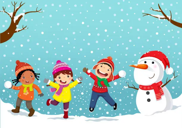 Vector illustration of Winter fun. Happy children playing in the snow