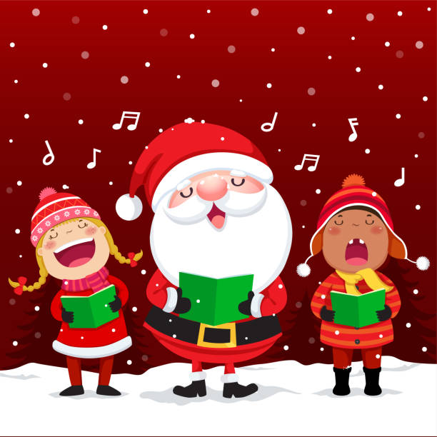 산타 클로스 크리스마스 캐롤 노래와 함께 행복 한 아이 - caroler christmas music winter stock illustrations