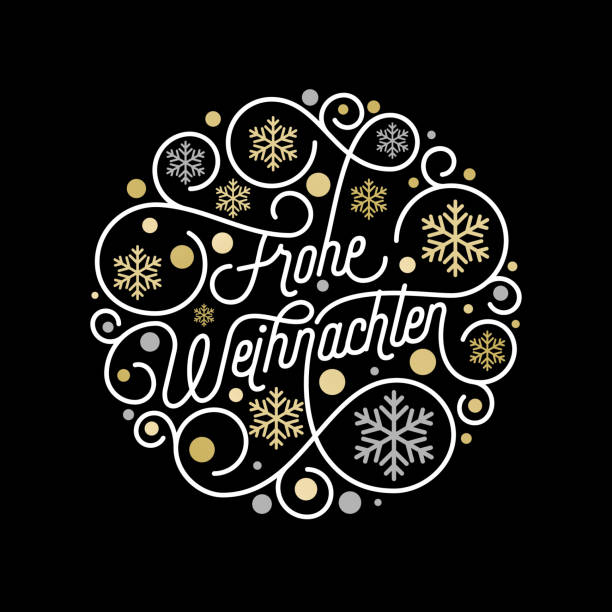 frohe weihnachten almanca merry christmas hat yazı ve tebrik kartı tasarımı için beyaz zemin üzerine altın kar tanesi desen. altın christmas güzelleşmek dalgalı tatil metin düzenleme vektör - weihnachten stock illustrations