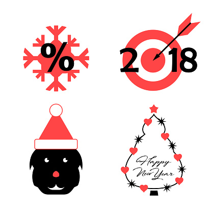 Vector Symbols of the Upcoming 2018 Year of the Dog: Snowflake, Target, Dog, Decorated Christmas Tree. Vector Christmas Icon Set.