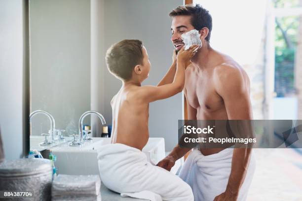 Ill Put It On For You Stock Photo - Download Image Now - Father, Shaving, Domestic Bathroom