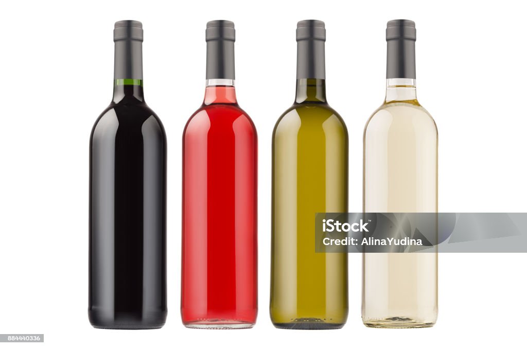 Wein Flaschen Sammlung verschiedene Farben isoliert auf weißem Hintergrund, mock-up. - Lizenzfrei Weinflasche Stock-Foto