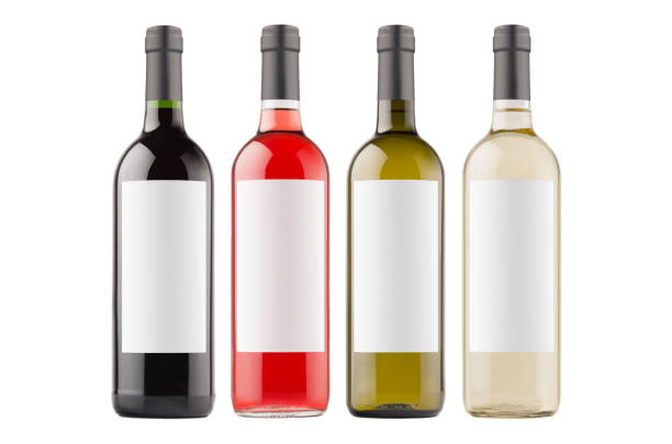 istock Wine bottles collection different colors with white blank labels isolated on white background, mock up. 884440356