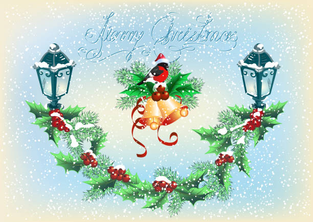 Christmas bells with bullfinch and lantern decorative with spruce and holly berries Christmas bells with bullfinch and lantern decorative with spruce and holly berries on snowfall background bell sleeve stock illustrations