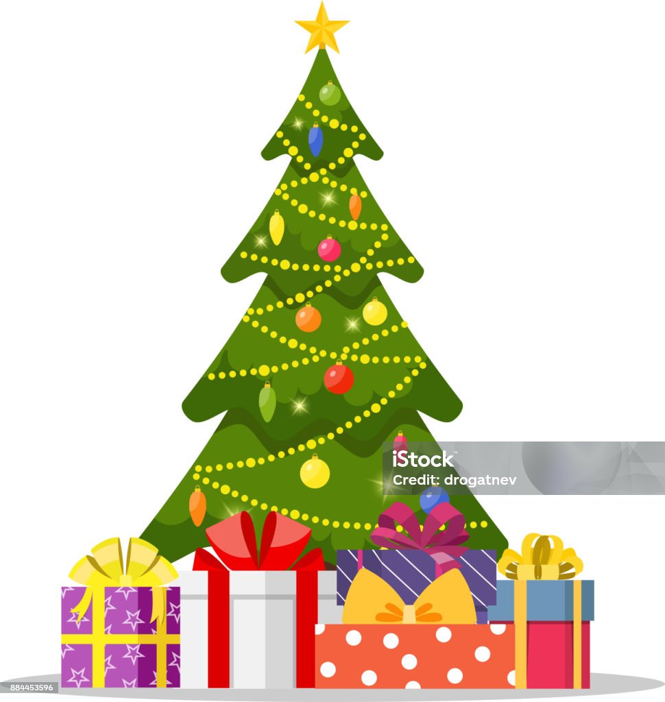 Christmas tree and holiday gifts. Christmas tree and holiday gifts. Fir-tree decorated with a star, balls and garlands. Vector illustration in a flat style Christmas Tree stock vector