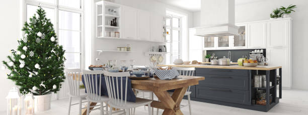 istock nordic kitchen with christmas decoration. 3d rendering 884467794