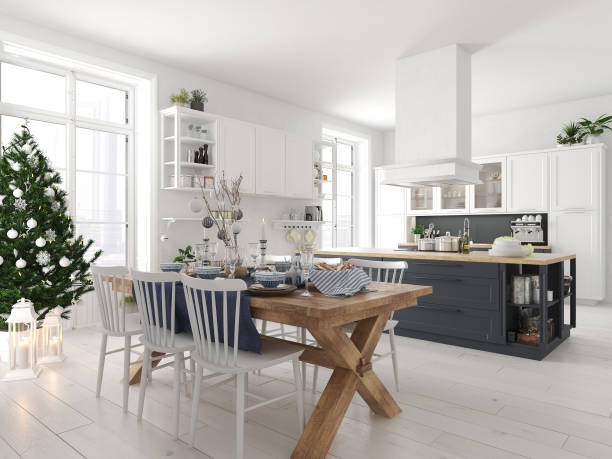 istock nordic kitchen with christmas decoration. 3d rendering 884467856