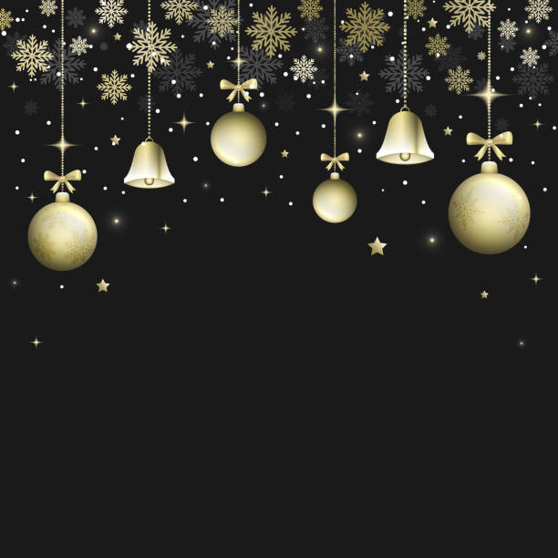 istock Winter Christmas vector dark background with golden bells, christmas balls and bows. Snowlakes, snow, glitter and glowing stars. 884468312