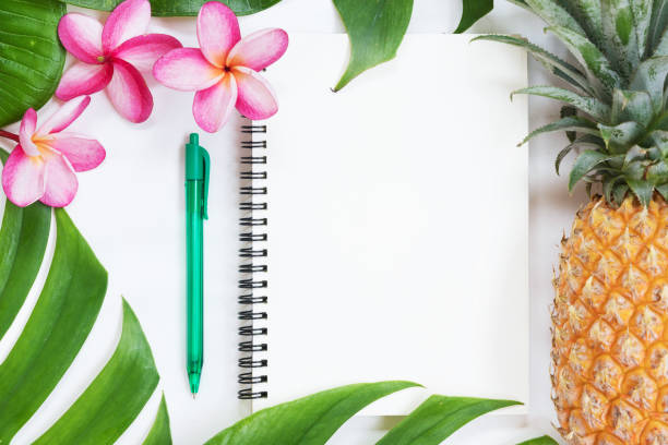istock Tropical top view summer botanical concept  still life notebook pineapple frame with monstera liana, vine, palm leaves and plumeria frangipani flower flat lay layout 884487144