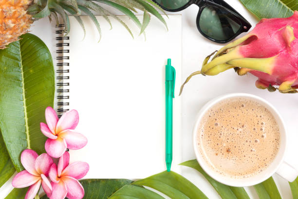 istock Tropical top view summer botanical concept still life sunglasses pineapple coffee cup notebook dragon fruit frame with monstera liana, vine, palm leaves and plumeria frangipani flower flat lay layout 884494946