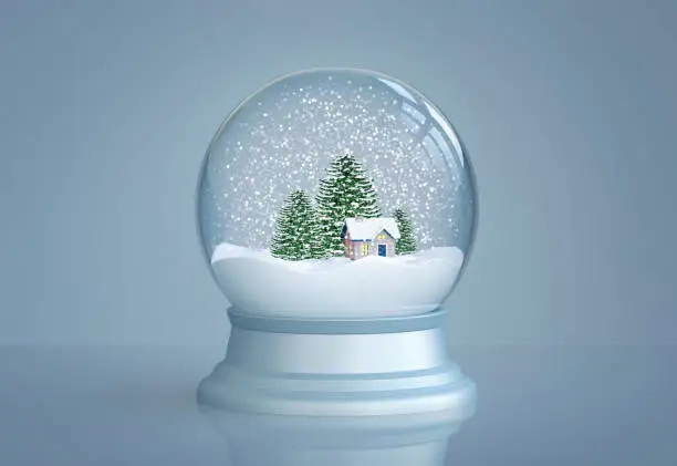 Snow globe with house and pine trees on blue background. 3D rendering