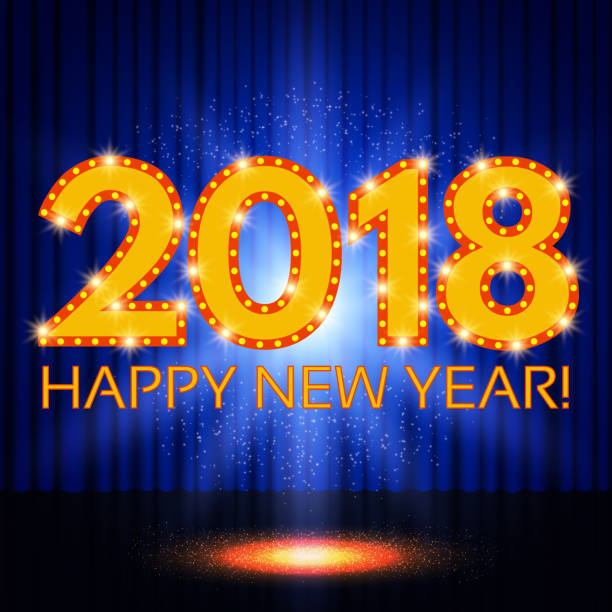 illustrations, cliparts, dessins animés et icônes de happy new year de 2018 sur rideau bleu - blue lens flare backdrop abstract