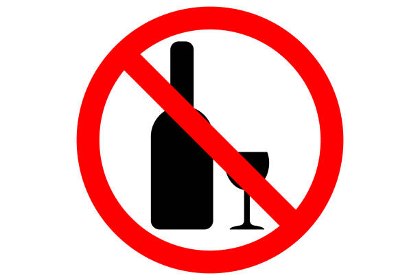 istock ALCOHOL FREE ZONE area. Vodka bottle and glass silhouettes in red circle. Vector 884513070