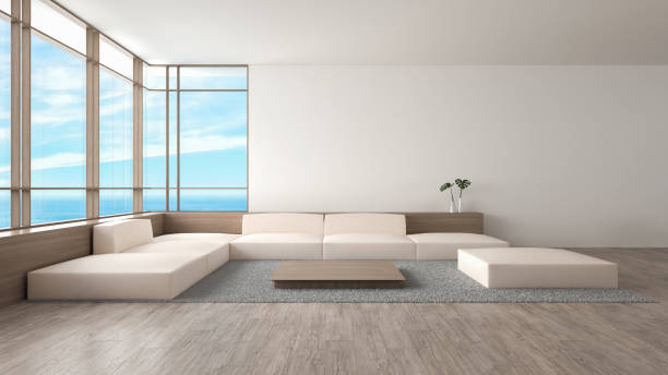 istock Modern interior living room wood floor sofa set sea view summer 3d rendering 884518246