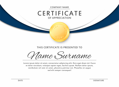 Certificate template in elegant black and blue colors with golden medal. Certificate of appreciation, award diploma design template. Vector