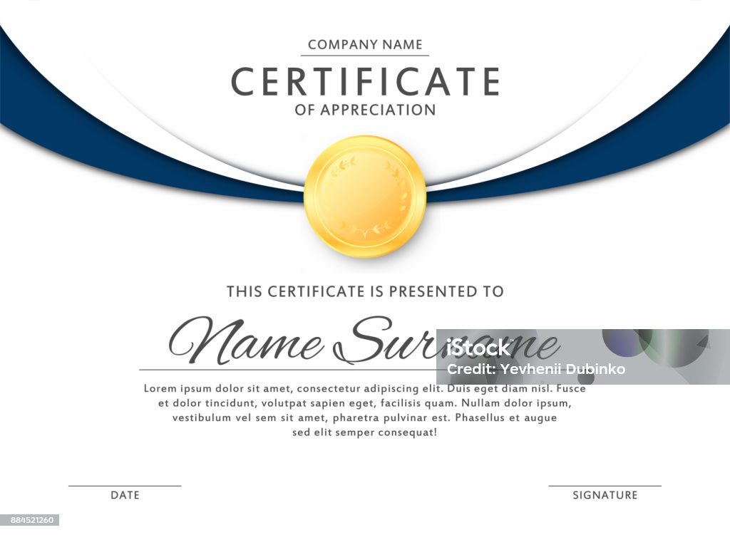 Certificate template in elegant black and blue colors. Certificate of appreciation, award diploma design template Certificate template in elegant black and blue colors with golden medal. Certificate of appreciation, award diploma design template. Vector Certificate stock vector