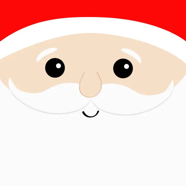 Vector illustration of Santa Claus big head face. White beard, moustaches, eyebrows, red hat. Cute cartoon kawaii funny character. Merry Christmas. Winter background. Greeting card