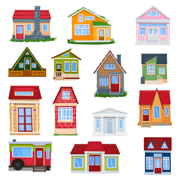 Houses front view. A set of tiny houses. Vector illustration Houses front view. A set of tiny houses. Vector illustration trailer home stock illustrations