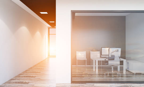 istock Modern office Cabinet. Meeting room. 3D rendering. Sunset 884556534