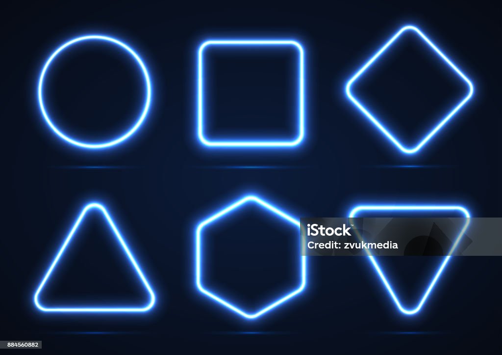 A set of neon geometric shapes. Collection of geometric shapes. Neon line. The shape is square, round, triangular, quadrangular and hexagonal. Vector illustration Neon Lighting stock vector