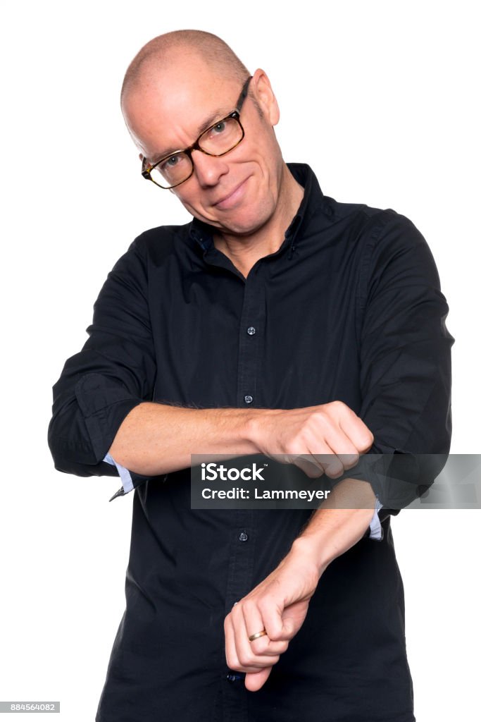 Success Studio picture from a smiling man in front of white background Rolled-Up Sleeves Stock Photo