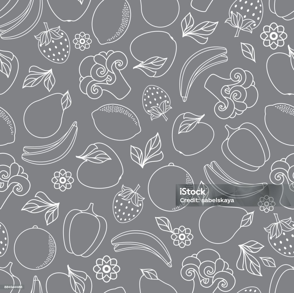 vector sketch fresh fruits, vegetables pattern vector flat sketch style fresh ripe fruits, vegetables monochrome seamless pattern. Apple, lime bellpepper apple, watermelon pear, orange strawberry banana, broccoli. Isolated illustration Apple - Fruit stock vector