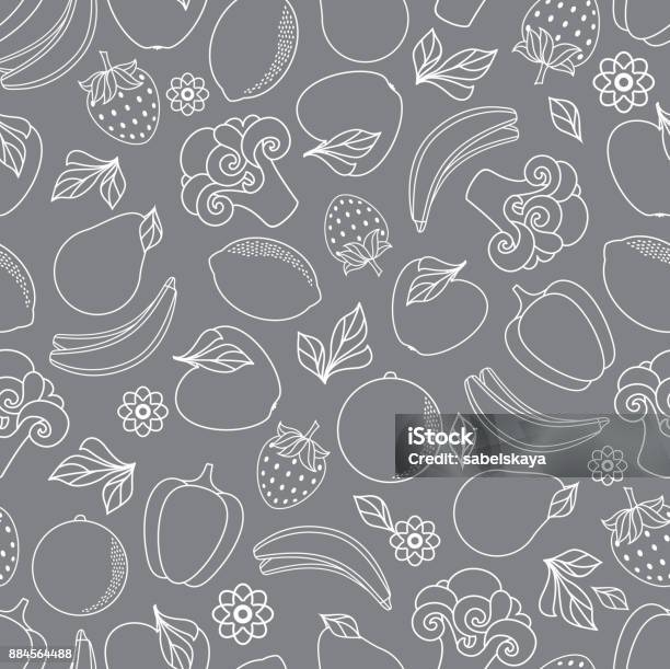 Vector Sketch Fresh Fruits Vegetables Pattern Stock Illustration - Download Image Now - Apple - Fruit, Backgrounds, Banana