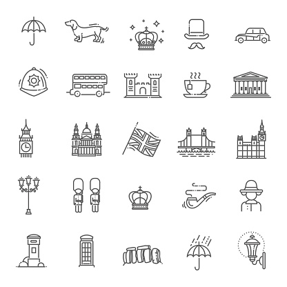 Themed icons of London, linear symbols collection. England showplace, isolated vector illustration