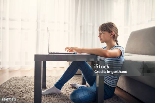 Teeange Girl Doing Homework At Home Stock Photo - Download Image Now - Teenager, E-Learning, Homework