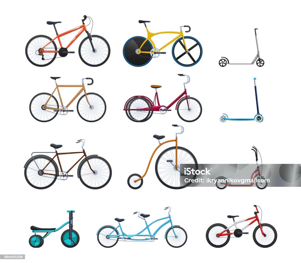 Set of modern vehicles for transportation, different city bicycles Set of summer vehicles for transportation, city bicycles: travel and walks, sports races, children's scooters, kids bicycles, circus, family, walking. Cycling, bike and bicycle. Vector illustration. Illustration stock vector