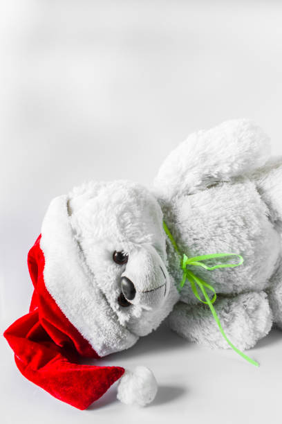 istock Toy teddy bear wearing Santa hat, on a light background. 884607586