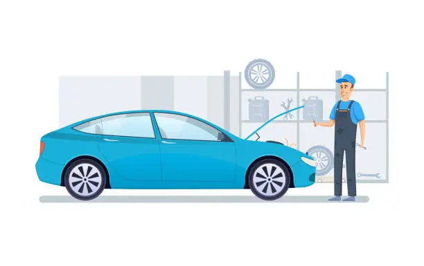 Vector illustration of Car repair, service, diagnostics car in building auto service