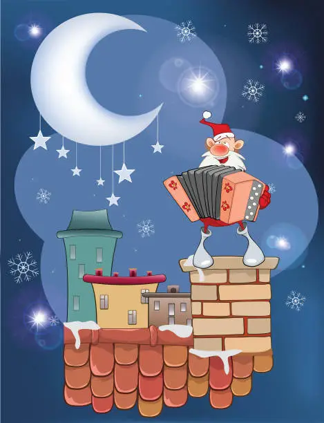 Vector illustration of Illustration of the Cute Santa Claus a Accordion Player on the Roof