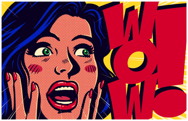 Vintage pop art style surpised and excited comic girl saying wow vector illustration Vintage pop art style comic book panel with excited and surprised woman saying wow looking at something amazing retro vector illustration cartoon human face eye stock illustrations