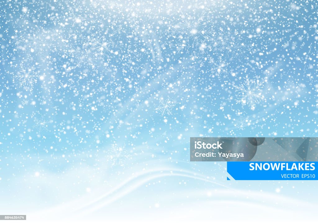 Chutes de neige sur fond bleu. Tempête de neige et flocons de neige. Fond pour les vacances d’hiver. Illustration vectorielle - clipart vectoriel de Neige libre de droits