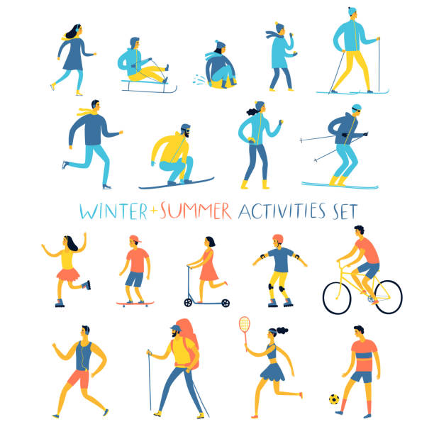 겨울, 여름 활동 만화 세트 - playground snow winter little girls stock illustrations