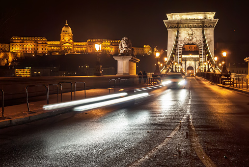 Chain Bridge in Budapest by night with cars passing, long exposure