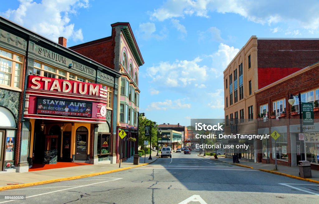 Woonsocket, Rhode island Woonsocket, Rhode island, USA - August 1, 2017: Daytime view of the historic Stadium Theatre along Main Street in downtown Woonsocket Rhode Island Stock Photo