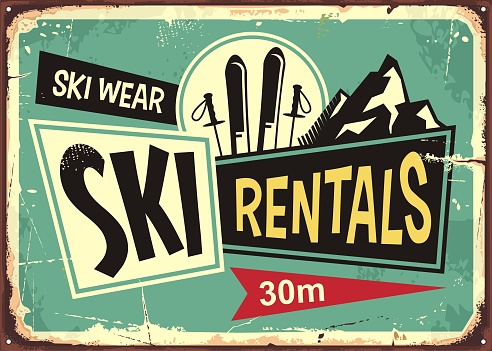 Ski rentals retro tin sign design. Ski equipment ad poster with pair of skis and mountain drawing. Vector illustration.