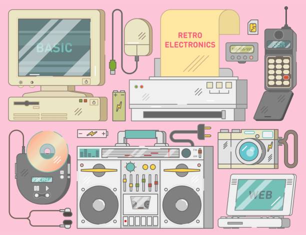 illustrazioni stock, clip art, cartoni animati e icone di tendenza di set di elettronica vintage retrò - cd player
